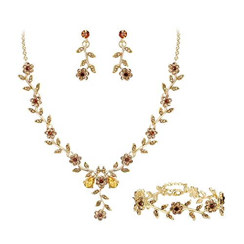 Clearine Damen Hochzeit Schmuck Set für Party Prom Blatt Cluster Blume Kristall Anhänger Halskette baumeln Ohrringe und Armband für Champagner Gold Ton von Clearine