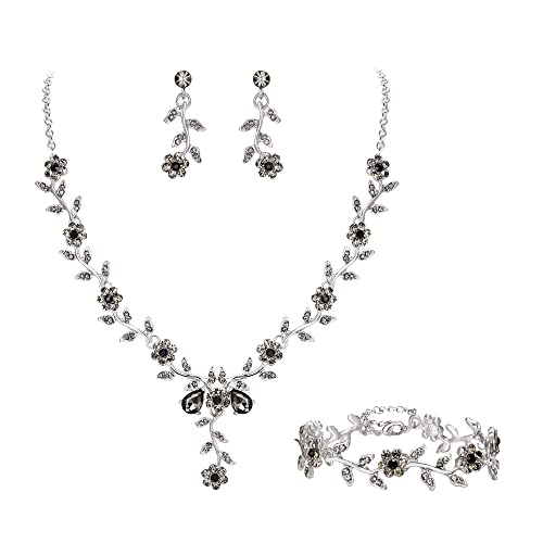 Clearine Damen Hochzeit Schmuck Set für Party Prom Blatt Cluster Blume Kristall Anhänger Halskette baumeln Ohrringe und Armband für Grau Silber Ton von Clearine