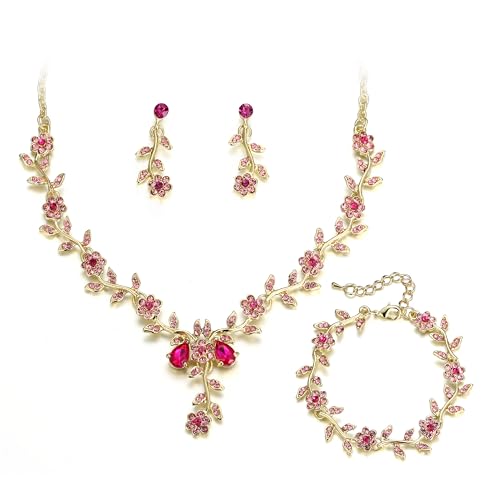 Clearine Damen Hochzeit Schmuck Set für Party Prom Blatt Cluster Blume Kristall Anhänger Halskette baumeln Ohrringe und Armband für Rosa Gold Ton von Clearine