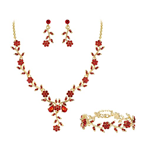 Clearine Damen Hochzeit Schmuck Set für Party Prom Blatt Cluster Blume Kristall Anhänger Halskette baumeln Ohrringe und Armband Set für Rubin-Rot Gold-Ton von Clearine