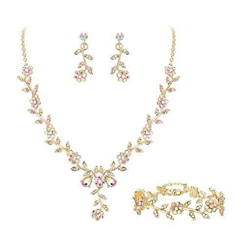 Clearine Damen Hochzeit Schmuck Set für Party Prom Blatt Cluster Blume Kristall Anhänger Halskette baumeln Ohrringe und Armband für Schillernd AB Gold Tone von Clearine