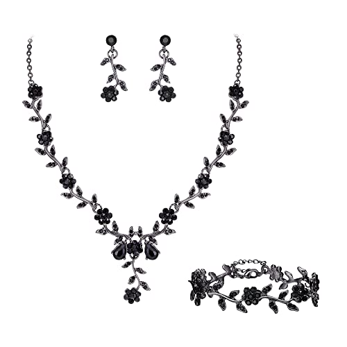 Clearine Damen Hochzeit Schmuck Set für Party Prom Blatt Cluster Blume Kristall Anhänger Halskette baumeln Ohrringe und Armband Set für Schwarz Schwarz-Ton von Clearine