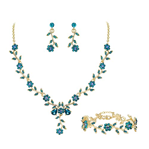 Clearine Damen Hochzeit Schmuck Set für Party Prom Blatt Cluster Blume Kristall Anhänger Halskette baumeln Ohrringe und Armband für Topasblau Gold Ton von Clearine