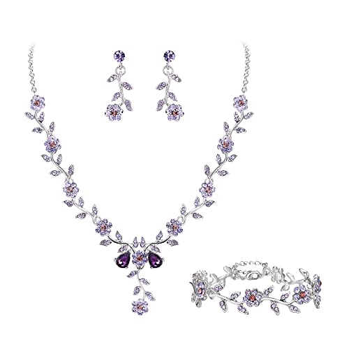 Clearine Damen Hochzeit Schmuck Set für Party Prom Blatt Cluster Blume Kristall Anhänger Halskette baumeln Ohrringe und Armband Set für Violett Silber-Ton von Clearine