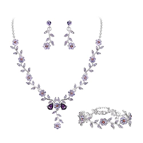 Clearine Damen Hochzeit Schmuck Set für Party Prom Blatt Cluster Blume Kristall Anhänger Halskette baumeln Ohrringe und Armband für Violett Silber Ton von Clearine