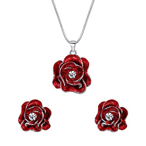 Clearine Damen Kamelien Schmuck-Sets Kristall Blume halskette Ohrringe Set Rot Silber-Ton von Clearine