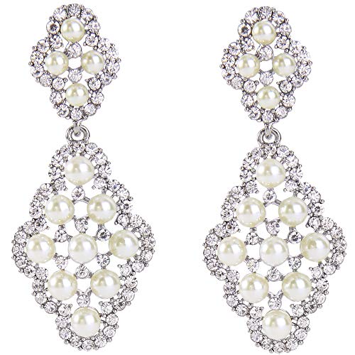 Clearine Damen Modern Geometry Rhombus Künstliche Perlen Aushöhlen Chandelier Dangle Statement Ohrringe Silber-Ton von Clearine