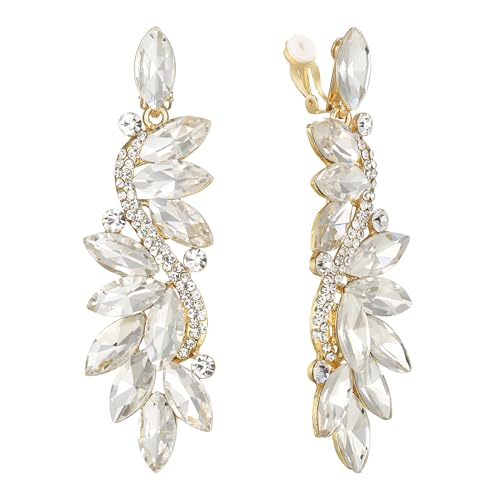 Clearine Damen Ohrclips Modern Hochzeit Braut Kristall Blume Romantik Dangle Ohrringe Clip On Gold-Ton Klar von Clearine