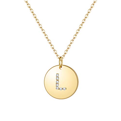 Clearine Damen Münze Halskette 925 Sterling Silber Zirkon Runde vergoldete Premium Buchstaben L Alphabet Coin Anhänger Kette in 14 K Gold-Ton von Clearine