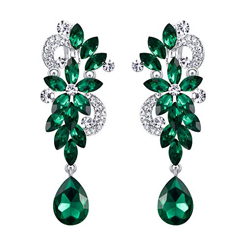 Clearine Damen Ohrclips Böhmisch Kristall Blume Hochzeit Braut Tropfen Lang Screw Clip-On Ohrclip Ohrringe Smaragd-farbe Silber-Ton von Clearine