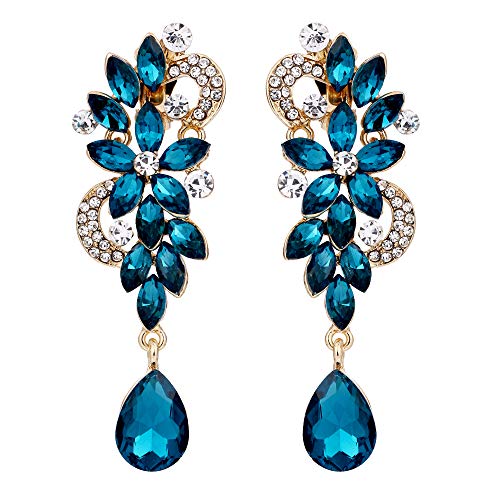 Clearine Damen Ohrclips Böhmisch Kristall Blume Hochzeit Braut Tropfen Lang Screw Clip-On Ohrclip Ohrringe Türkis-Blau Gold-Ton Clearine Damen Ohrclips Böhmisch Kristall Blume Hochzeit Braut Tropfen Lang Screw Clip-On Ohrclip Ohrringe Türkis-Blau Gold-Ton von Clearine