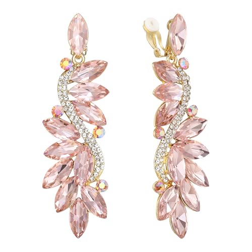 Clearine Damen Ohrclips Modern Hochzeit Braut Kristall Blume Romantik Dangle Ohrringe Clip On Gold-Ton Pink von Clearine