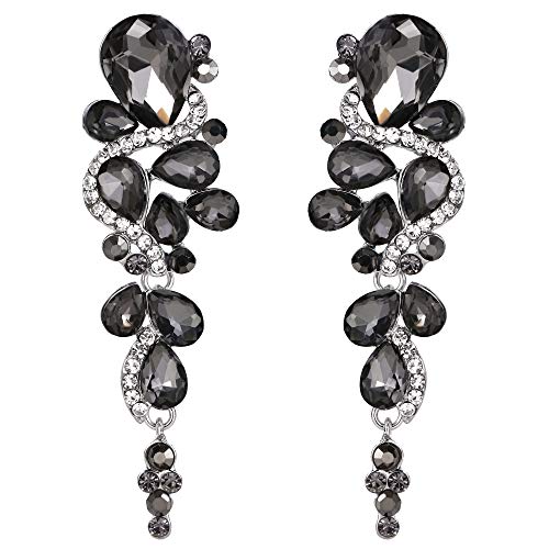 Clearine Damen Ohrringe Böhmisch Boho Kristall Hochzeit Braut Viele Tropfen Chandelier Screw Back Clip-On Dangle Ohrclip Ohrringe Grau Schwarz Silber-Ton von Clearine