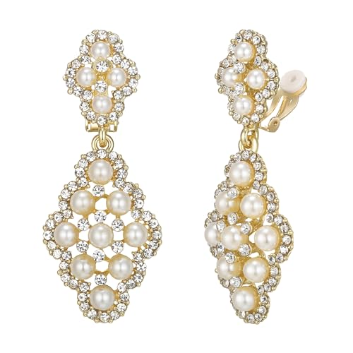 Clearine Perle Ohrclips ohne Ohrlöcher Kristall simulierte Elegant Vintage hohlen Kronleuchter baumeln Clips on Ohrringe Klar Gold Ton von Clearine