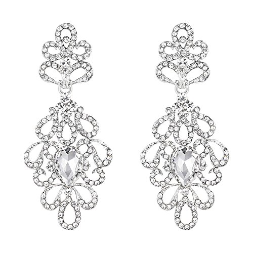 Clearine Damen Ohrringe Vintage-Stil Hochzeit Braut Floral Hollow Kristall Teardrop Kronleuchter baumeln Hängend Ohrstecker klar Silber-Ton von Clearine