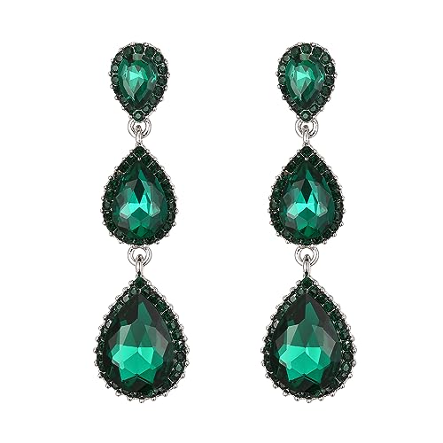 Clearine Damen Ohrringe wunderschöne kleine bis große dreifache Teardrop Kristall baumelnd Ohrstecker Emerald-Grün Silber-Ton von Clearine