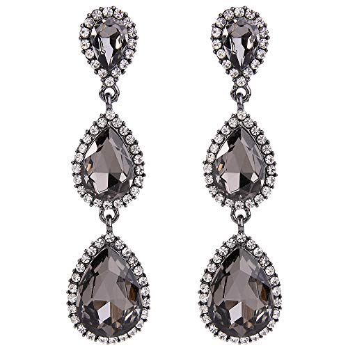 Clearine Damen Ohrringe wunderschöne kleine bis große dreifache Teardrop Kristall baumelnd Ohrstecker Grau Schwarz Gold-Ton von Clearine