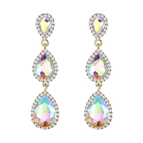 Clearine Damen Ohrringe wunderschöne kleine bis große dreifache Teardrop Kristall baumelnd Ohrstecker Schillernder AB-Gold-Ton von Clearine