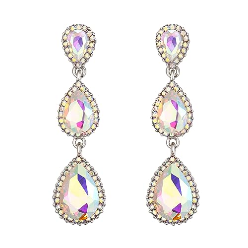 Clearine Damen Ohrringe wunderschöne kleine bis große dreifache Teardrop Kristall baumelnd Ohrstecker Schillernder AB Silber-Ton von Clearine