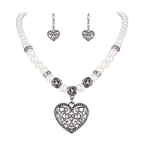 Clearine Damen Oktoberfest Trachtenscmuck Künstliche Perlen Kristall Amulettherz Dirndlkette Perlenkette Ohrringe Schmuck Set von Clearine