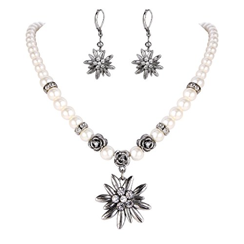 Clearine Damen Oktoberfest Trachtenscmuck Künstliche Perlen Kristall Edelweiss Ohrhänger Dirndlkette Schmuck Set von Clearine