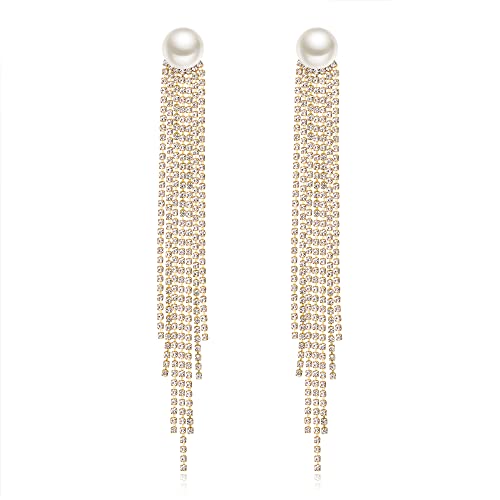 Clearine Damen Quaste österreichischen Kristall lange Kette simuliert Perle linearen Tropfen Kronleuchter baumeln Ohrringe für Hochzeit Braut Klar Gold Ton von Clearine