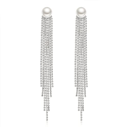 Clearine Damen Quaste österreichischen Kristall lange Kette simuliert Perle linearen Tropfen Kronleuchter baumeln Ohrringe für Hochzeit Braut Klar Silber Ton von Clearine