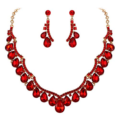 Clearine Damen Schmuck Set Hochzeit Braut Kristall Teardrop einreihige Strass V-förmige Halskette Ohrringe Set für Frauen Rubin-Rot Gold-Ton von Clearine