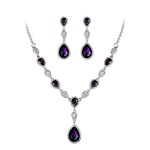 Clearine Damen Schmuck Set Hochzeit Braut Zirkonia Teardrop Y Halskette und Ohrringe Schmuckset für Frauen Amethyst-Lila Silber-Ton von Clearine