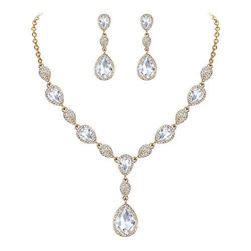 Clearine Damen Schmuck Set Hochzeit Braut Zirkonia Teardrop Y Halskette und Ohrringe Schmuckset für Frauen Klar Gold-Ton von Clearine