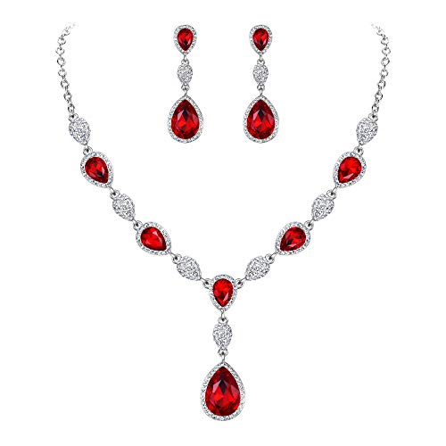 Clearine Damen Schmuck Set Hochzeit Braut Zirkonia Teardrop Y Halskette und Ohrringe Schmuckset für Frauen Rubin-Rot Silber-Ton von Clearine