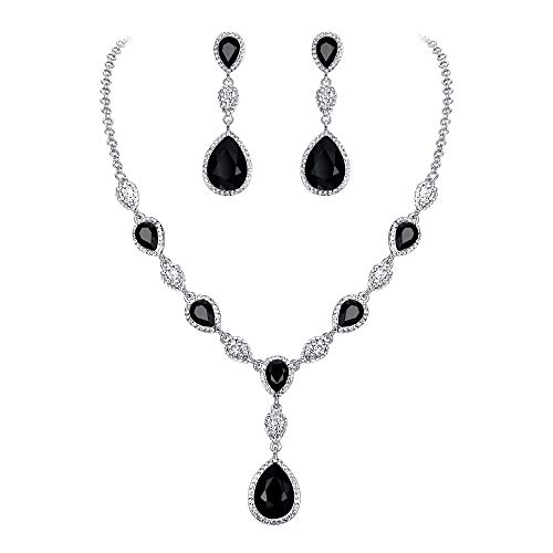 Clearine Damen Schmuck Set Hochzeit Braut Zirkonia Teardrop Y Halskette und Ohrringe Schmuckset für Frauen Schwarz Silber-Ton von Clearine