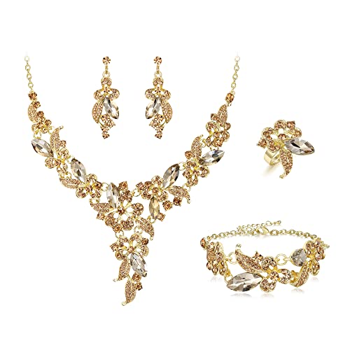 Clearine Damen Schmuck Set Marquise Strass Kristall Träne Blatt Cluster Statement Halskette Armband Ohrringe und Ring Set für Prom Party Champagner Gold-Ton von Clearine