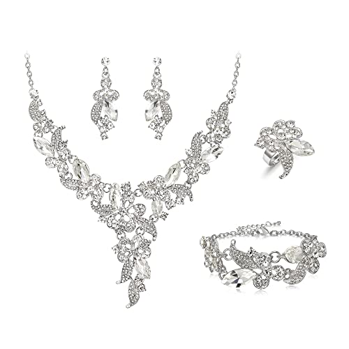 Clearine Damen Schmuck Set Marquise Strass Kristall Träne Blatt Cluster Statement Halskette Armband Ohrringe und Ring Set für Prom Party Klar Silber-Ton von Clearine