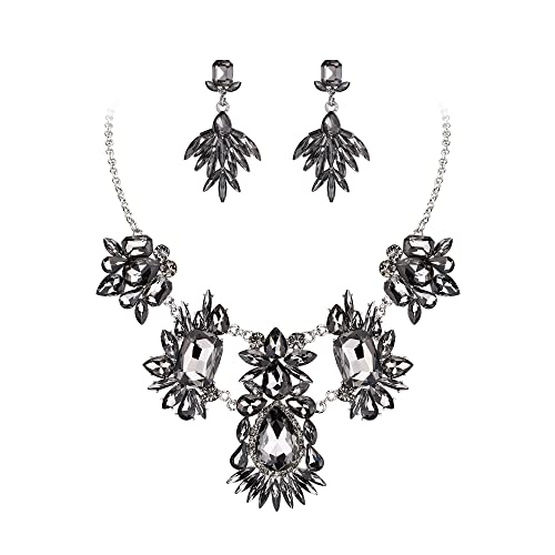 Clearine Damen Schmuck Set Strass Kristall Träne Smaragd Schnitt Marquise Cluster Statement Halskette und Ohrringe Set für Party Prom Grau Silber-Ton von Clearine