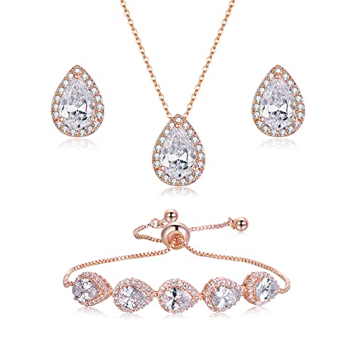 Clearine Damen Schmuck Set für Braut kubischer Zirkon Anhänger Halskette Ohrringe und Armband Set für Hochzeit Party Klar Rosegold-Ton von Clearine