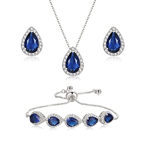 Clearine Damen Schmuck Set für Braut kubischer Zirkon Anhänger Halskette Ohrringe und Armband Set für Hochzeit Party Saphir-Blau Silber-Ton von Clearine