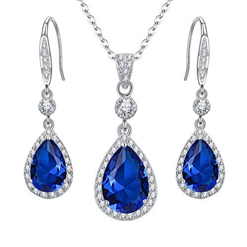 Clearine Damen Schmuckset 925 Sterling Silber Hochzeit Braut Zirkonia Infinity Teardrop Anhänger Halskette Haken Baumeln Ohrringe Set Sapphir-Blau von Clearine