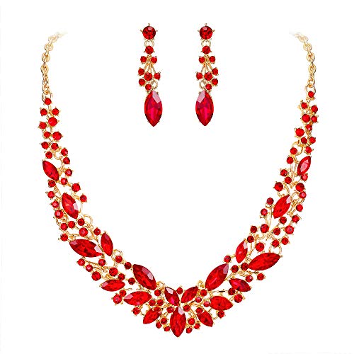 Clearine Damen Schmuckset Hochzeit Braut Österreichischen Kristall Marquise Cluster Kragen Halskette baumeln Ohrringe Set Rubin-Rot Gold-Ton von Clearine