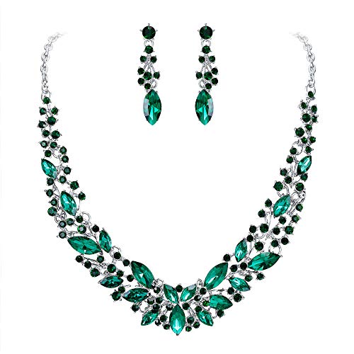 Clearine Damen Schmuckset Hochzeit Braut Österreichischen Kristall Marquise Cluster Kragen Halskette baumeln Ohrringe Set Klar Silber-Ton (Smaragd-Grün Silber-Ton) von Clearine