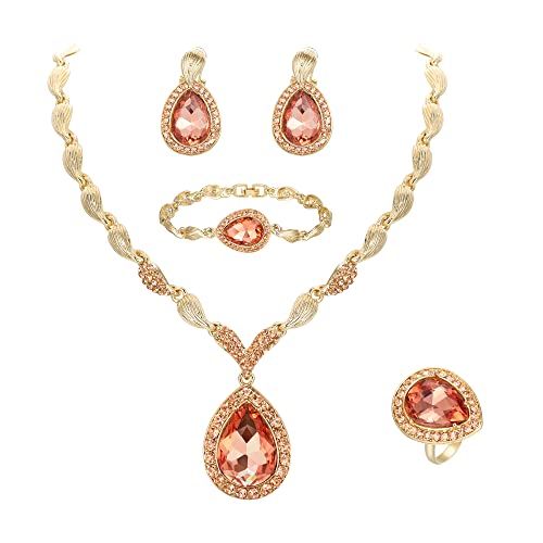 Clearine Damen Schmuckset für die Braut, Tropfen, Kristall Batt Cluster Lätzchen Statement-Halskette, Armband, Ohrstecker und Ring Set für Hochzeit 06-Champagner-Roségold-Ton von Clearine