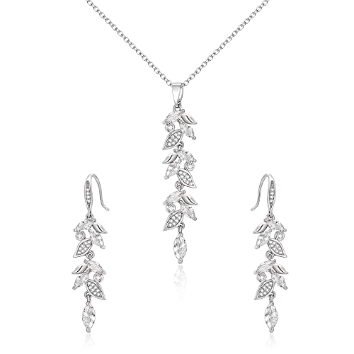 Clearine Damen Schmuckset funkeln Cubic Zirkonia versilbert Marquise-Schliff Blatt Rebe Halskette Tropfen baumeln Ohrringe Schmuck-Set für Hochzeit Braut Brautjungfern von Clearine