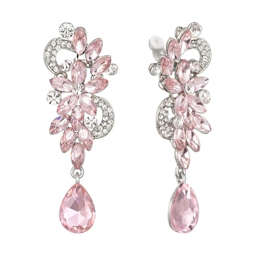 Clearine Damen böhmische Boho Kristall Blume Hochzeit Braut Kronleuchter Teardrop Bling lange Schraube zurück Clip-on Ohrringe baumeln Rosa Turmalin Farbe Silber-Ton von Clearine