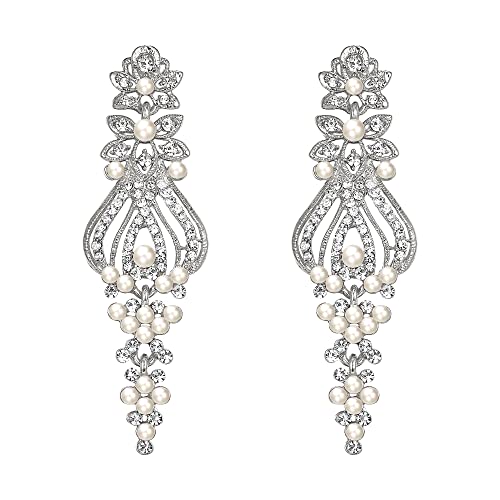 Clearine Elegante Simulierte Perle Strass Cluster Vintage Kronleuchter lange Ohrringe für Damen Party Prom Klar Silber Ton von Clearine