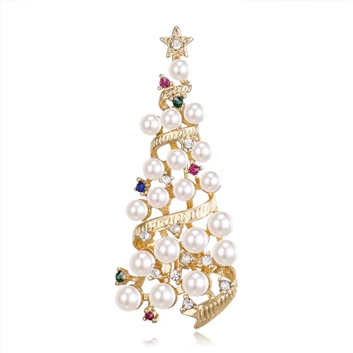 Clearine Frohe Weihnachten simuliert Perle Brosche Xmas Strass Emaille Stern Pin Kostüm Geschenk für Damen Grils Urlaub Mehrfarbig Gold Tone von Clearine