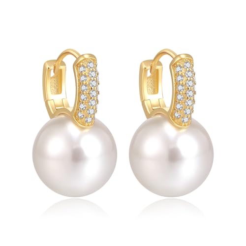 Clearine Gold Pearl Hoop Perlenohrringe Dainty Ohrring für Damen, Cubic Zirkonia simulierte Perle Ohrringe Muttertag Weihnachten Geburtstag Schmuck Geschenk von Clearine