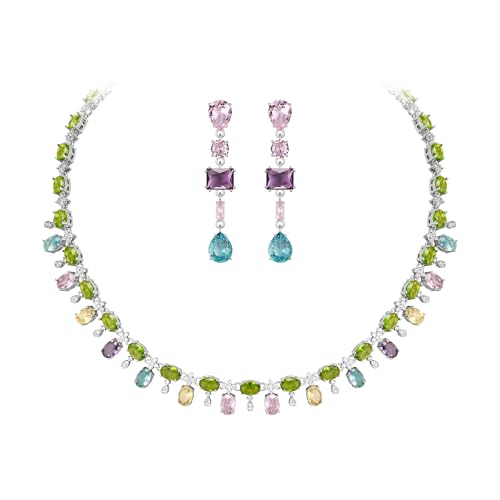 Clearine Gorgeous Cubic Zirkonia Mehrere Farbe Form Runde Platz Halskette Ohrring Set, versilbert bunten Modeschmuck Set für Damen von Clearine