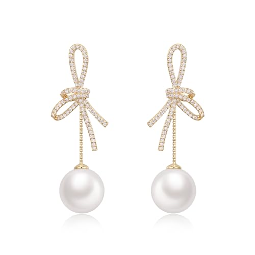 Clearine Gorgeous Cubic Zirkonia Perle Bowknot Band baumeln Ohrringe für Damen simuliert Bogen Ohrstecker Schmuck Geschenk klar Silber Ton von Clearine