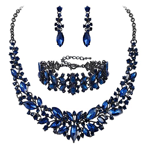 Clearine Hochzeit Braut Halskette,Ohrringe und Armband Schmuck Set für Frauen Kristall Marquise Cluster Halsband Set Silber-Ton Klar (Sapphire-Blau Schwarz-Tone) von Clearine