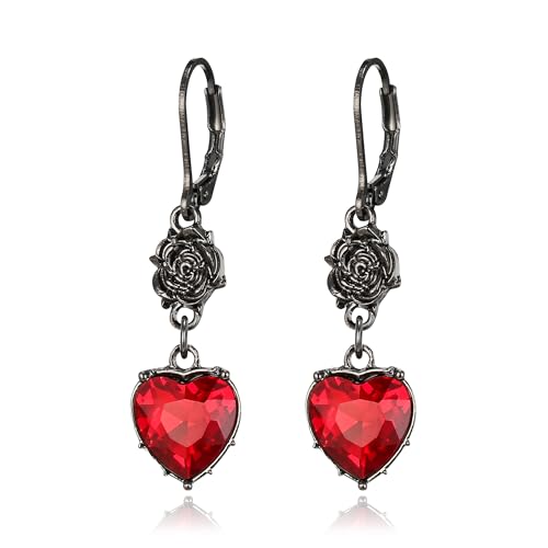 Clearine Halloween Vintage Gothic Ohrringe für Damen, Glänzende Strass Rose Blume Rot Herz Hängeohrringe Vampir Kostüm Cosplay Party Prom Schmuck Zubehör Rubin Schwarz-Ton von Clearine